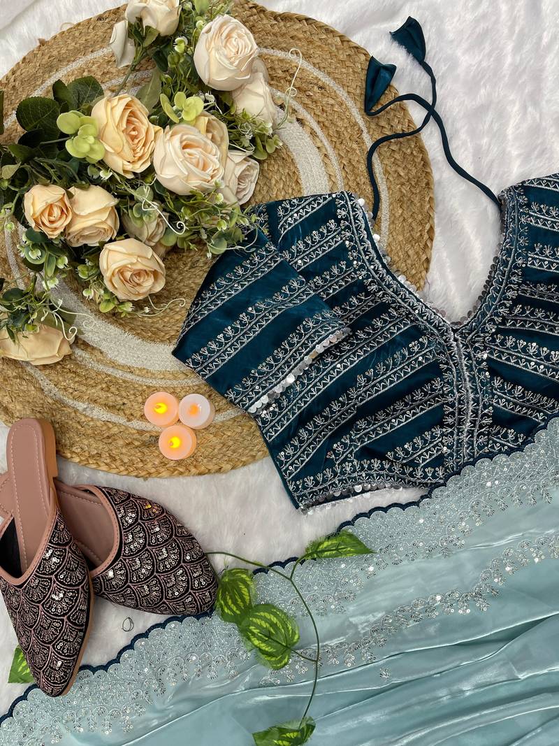 Sea Green Colour Wedding Wear Zimmi Choo Silk Heavy Work Saree With Stitched Blouse (42)