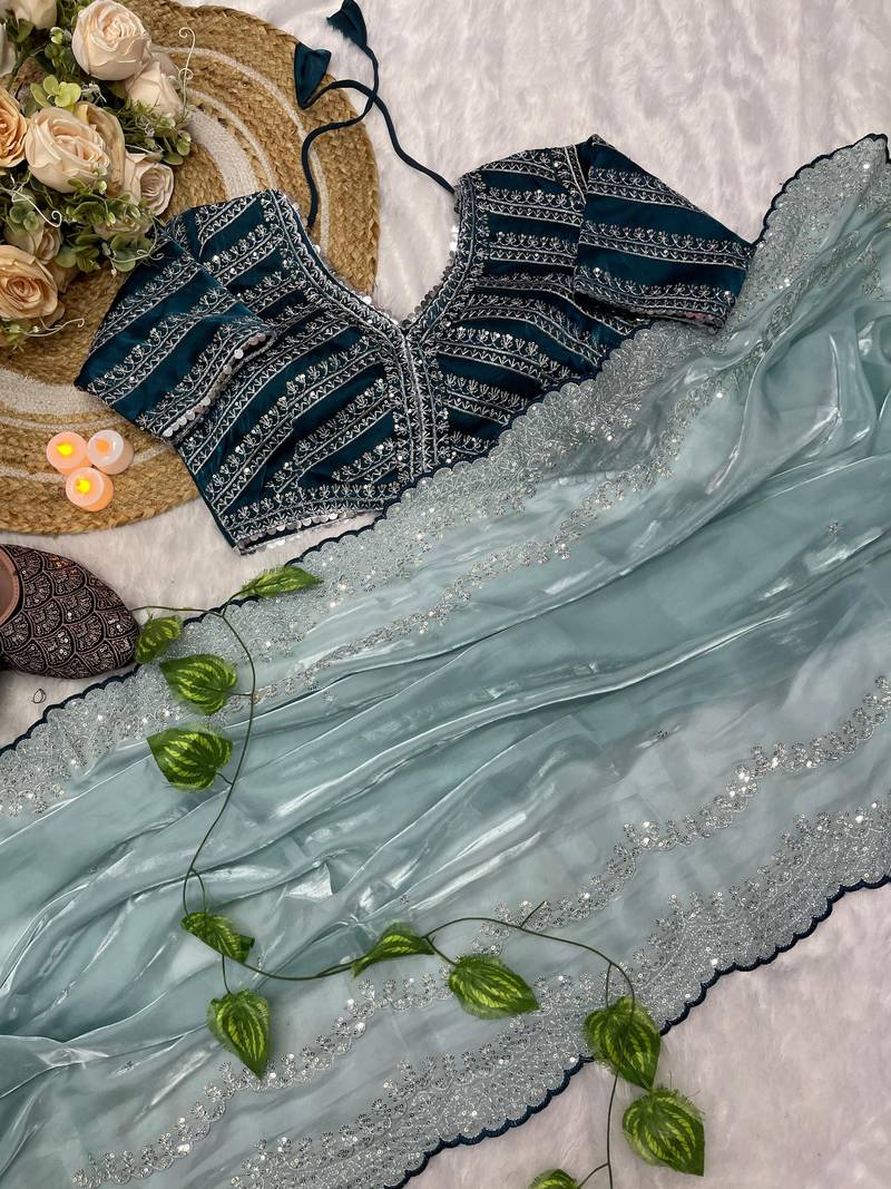 Sea Green Colour Wedding Wear Zimmi Choo Silk Heavy Work Saree With Stitched Blouse (42)