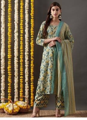 Riva enterprise women's jaipuri floral print straight side slit kurta plazzo set with duppata 1