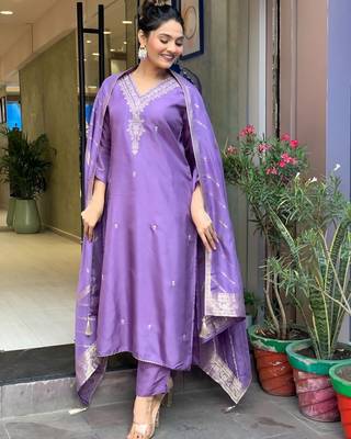 Purple Embroidered Viscose Semi_Stitched Pant Party Wear Salwarsuit 4