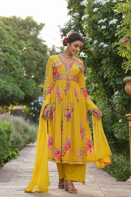 Yellow Embroidered Chiffon Semi_Stitched Pant Party Wear Salwarsuit 1