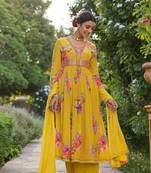 Yellow Embroidered Chiffon Semi_Stitched Pant Party Wear Salwarsuit