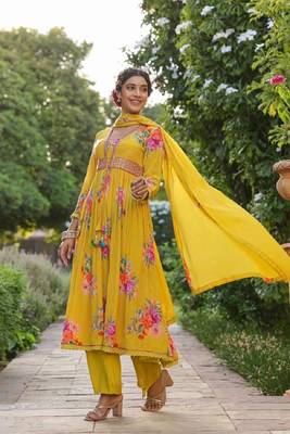 Yellow Embroidered Chiffon Semi_Stitched Pant Party Wear Salwarsuit 3