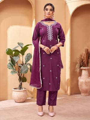 Wine Embroidered Rayon Semi_Stitched Pant Party Wear Salwarsuit 1