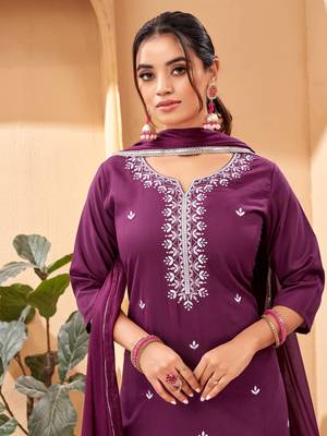 Wine Embroidered Rayon Semi_Stitched Pant Party Wear Salwarsuit 3