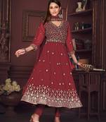Maroon Embroidered Georgette Semi_Stitched Pant Party Wear Salwarsuit