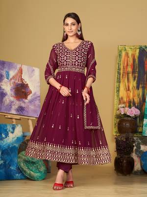 Dark-Pink Embroidered Georgette Semi_Stitched Pant Party Wear Salwarsuit 1