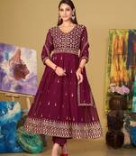 Dark-Pink Embroidered Georgette Semi_Stitched Pant Party Wear Salwarsuit