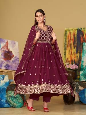 Dark-Pink Embroidered Georgette Semi_Stitched Pant Party Wear Salwarsuit 4