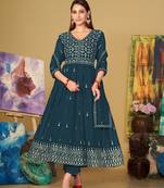 Teal Embroidered Georgette Semi_Stitched Pant Party Wear Salwarsuit