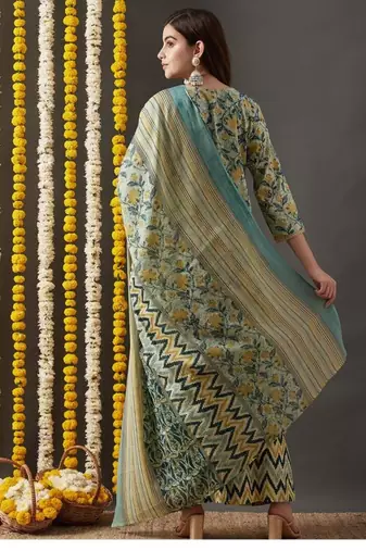 Riva enterprise women's jaipuri floral print straight side slit kurta plazzo set with duppata