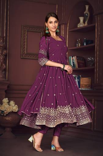 Purple Embroidered Georgette Semi_Stitched Pant Party Wear Salwarsuit