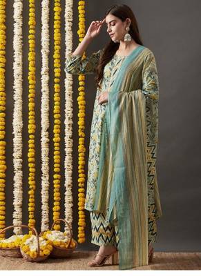 Riva enterprise women's jaipuri floral print straight side slit kurta plazzo set with duppata 4