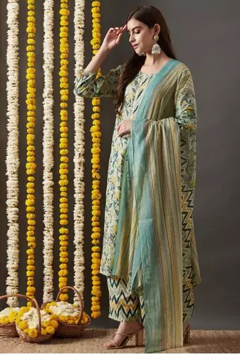 Riva enterprise women's jaipuri floral print straight side slit kurta plazzo set with duppata