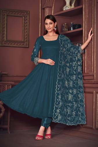 Teal Embroidered Georgette Semi_Stitched Pant Party Wear Salwarsuit