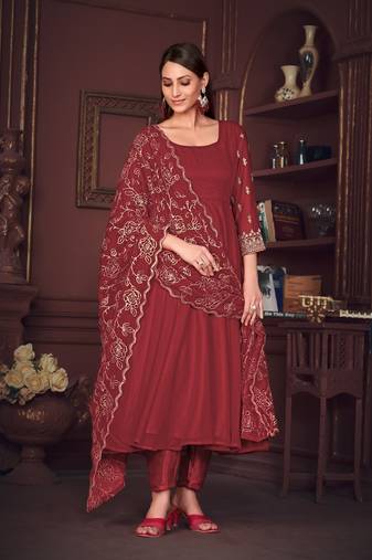 Maroon Embroidered Georgette Semi_Stitched Pant Party Wear Salwarsuit