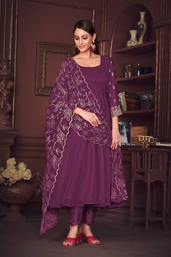 Purple Embroidered Georgette Semi_Stitched Pant Party Wear Salwarsuit
