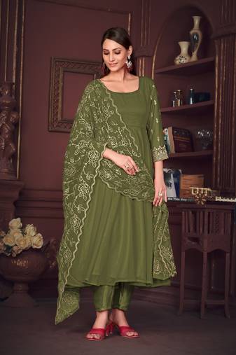 Dark-Green Embroidered Georgette Semi_Stitched Pant Party Wear Salwarsuit