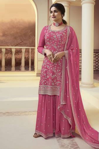 Pink Embroidered Chiffon Semi_Stitched Sharara Party Wear Salwarsuit