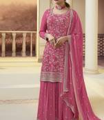 Pink Embroidered Chiffon Semi_Stitched Sharara Party Wear Salwarsuit