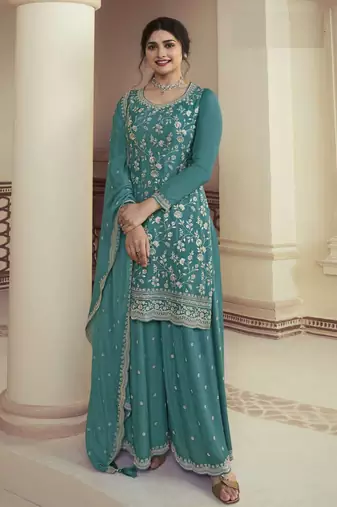 Blue Embroidered Chiffon Semi_Stitched Sharara Party Wear Salwarsuit
