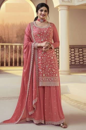 Peach Embroidered Chiffon Semi_Stitched Sharara Party Wear Salwarsuit