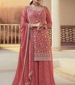 Peach Embroidered Chiffon Semi_Stitched Sharara Party Wear Salwarsuit