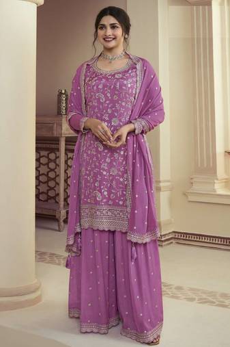 Purple Embroidered Chiffon Semi_Stitched Sharara Party Wear Salwarsuit