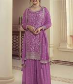 Purple Embroidered Chiffon Semi_Stitched Sharara Party Wear Salwarsuit