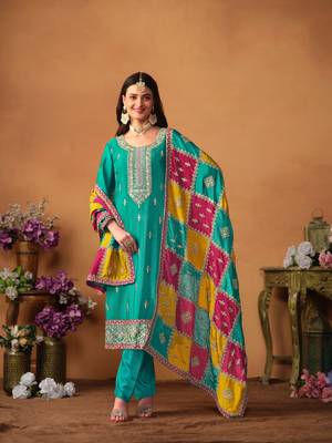 Sea-Green Embroidered Silk_Blend Semi_Stitched Pant Party Wear Salwarsuit 1