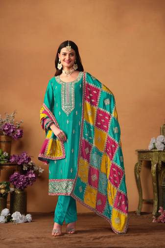 Sea-Green Embroidered Silk_Blend Semi_Stitched Pant Party Wear Salwarsuit