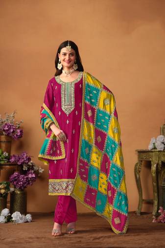 Pink Embroidered Silk_Blend Semi_Stitched Pant Party Wear Salwarsuit