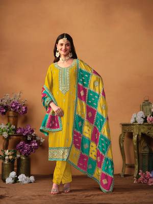 Yellow Embroidered Silk_Blend Semi_Stitched Pant Party Wear Salwarsuit 1