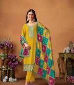 Yellow Embroidered Silk_Blend Semi_Stitched Pant Party Wear Salwarsuit