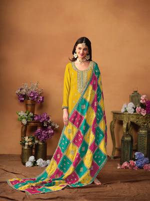 Yellow Embroidered Silk_Blend Semi_Stitched Pant Party Wear Salwarsuit 3