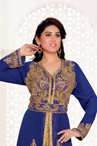 Navy-Blue color Full Sleeves Handmade Moroccan Kaftan with hijjab