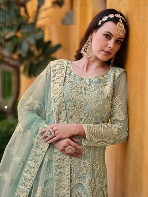 Sea-Green Embroidered Net Semi_Stitched Pant Party Wear Salwarsuit 2