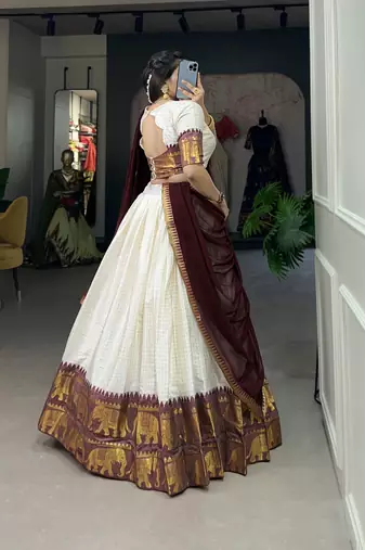 White and Maroon Cotton Zari Woven Traditional Lehenga Choli set 