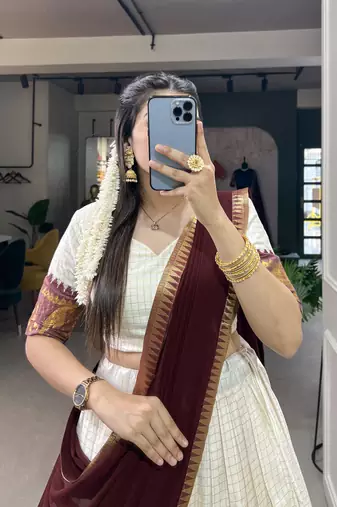 White and Maroon Cotton Zari Woven Traditional Lehenga Choli set 