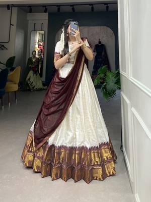 White and Maroon Cotton Zari Woven Traditional Lehenga Choli set  4