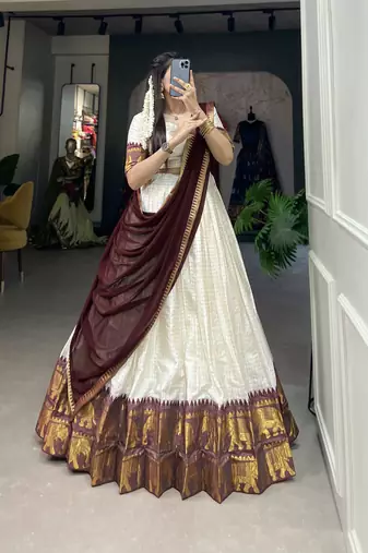 White and Maroon Cotton Zari Woven Traditional Lehenga Choli set 