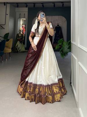White and Maroon Cotton Zari Woven Traditional Lehenga Choli set  5