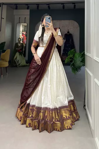 White and Maroon Cotton Zari Woven Traditional Lehenga Choli set 
