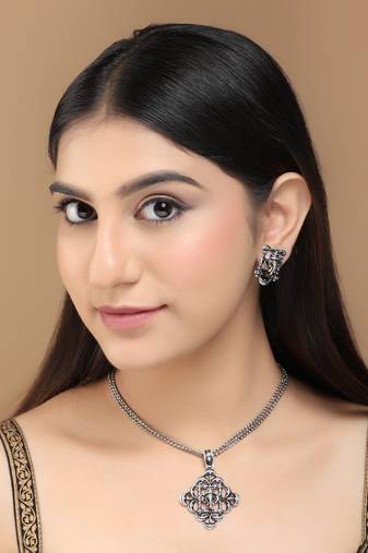 Mansiyaorange german silver oxidized temple theme lord ganesha chain pendant with earrings