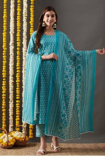 Riva enterprise women's jaipuri floral print aline kurta round neck design with pant and duppata