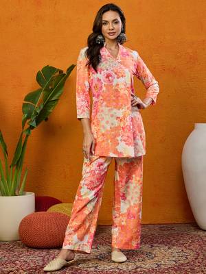 women orange rayon blend floral printed straight co-ords sets 1