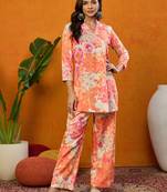 women orange rayon blend floral printed straight co-ords sets
