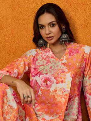 women orange rayon blend floral printed straight co-ords sets 2