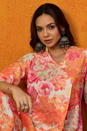 women orange rayon blend floral printed straight co-ords sets