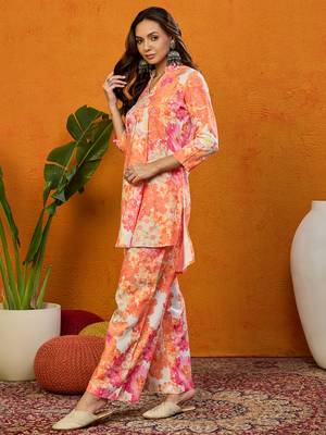 women orange rayon blend floral printed straight co-ords sets 3